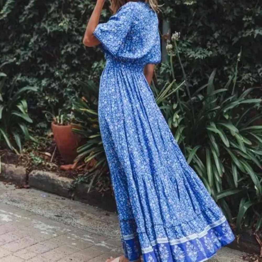 Blue Bohemian Gypsy Floral Short Sleeve V-Neck Long Casual Maxi Dress - Picture 5 of 6